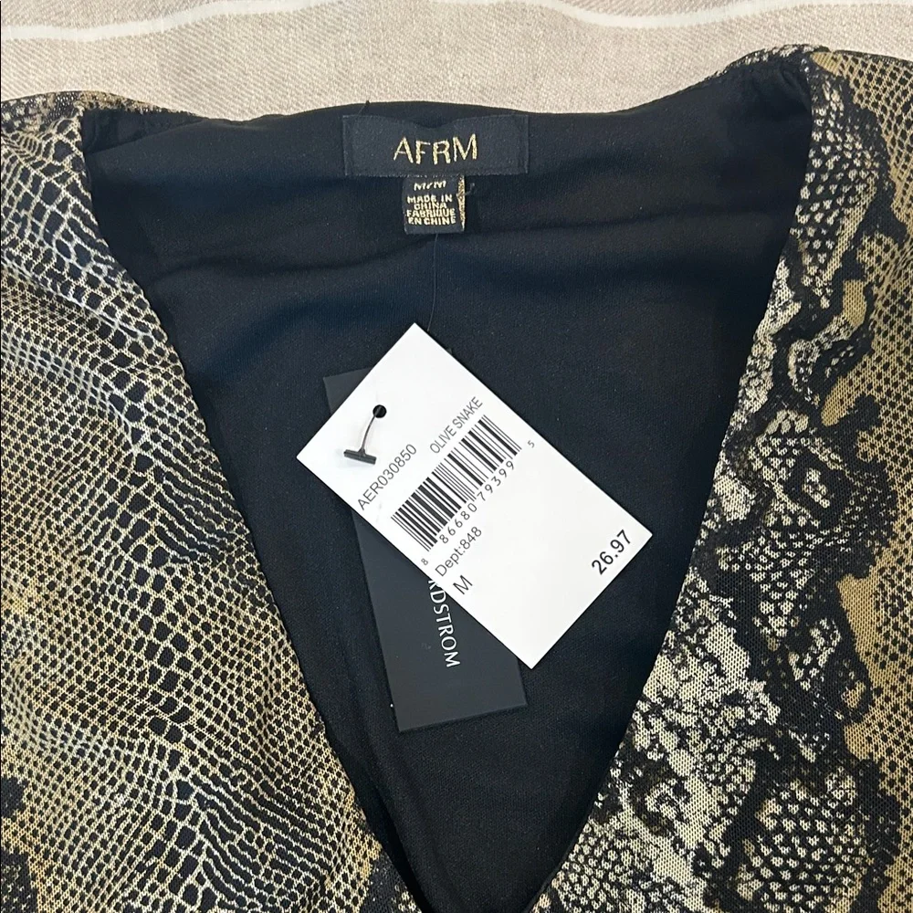 AFRM Olive and Black Snake Print V-Neck Bodysuit - Picture 2 of 4